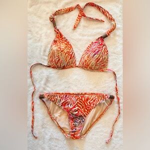Bikini Set Orange Pink Animal Print Halter Gold 2-Piece Swim Medium